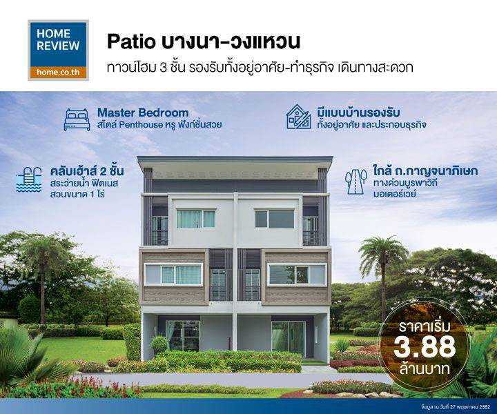 รีวิวทาวน์โฮม พาทิโอ บางนา-วงแหวน ทาวน์โฮม 3 ชั้น พื้นที่ใกล้เคียงบ้านเดี่ยว ใกล้บูรพาวิถี และมอเตอร์เวย์ ราคาเริ่ม 3.88 ล้านบาท รีวิวทาวน์โฮม พาทิโอ บางนา-วงแหวน ทาวน์โฮม 3 ชั้น พื้นที่ใกล้เคียงบ้านเดี่ยว ใกล้บูรพาวิถี และมอเตอร์เวย์ ราคาเริ่ม 3.88 ล้านบาท