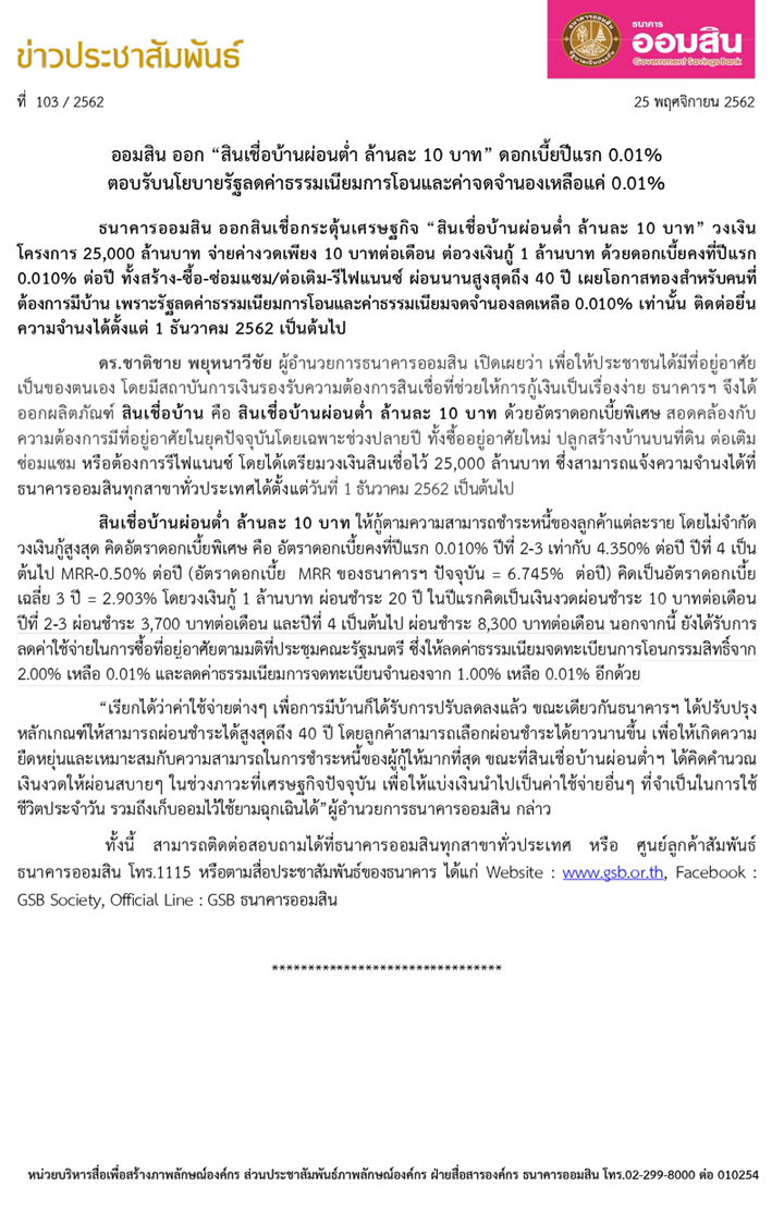 “ธนาคารออมสิน” ออกสินเชื่อบ้านผ่อนต่ำ! ล้านละ 10 บาท ดอกเบี้ยปีแรก 0.01%