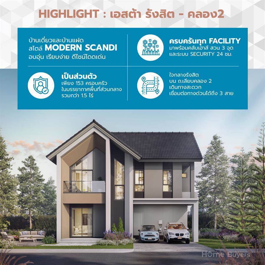 เอสต้า รังสิต - คลอง 2 บ้าน Modern Scandi ดีไซน์แตกต่าง ครบทุก Facility ทำเลดีใกล้ 3 ทางด่วน เอสต้า รังสิต - คลอง 2 บ้าน Modern Scandi ดีไซน์แตกต่าง ครบทุก Facility ทำเลดีใกล้ 3 ทางด่วน