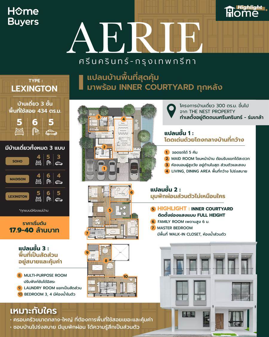 AERIE ศรีนครินทร์-กรุงเทพกรีฑา แปลนบ้านพื้นที่สุดคุ้ม มี Inner Courtyard ทุกหลัง