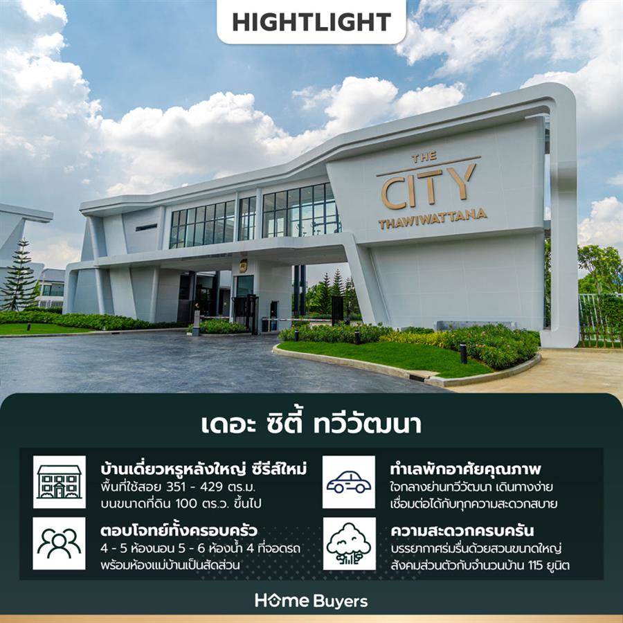 บ้านเดี่ยวหรูที่ดินเริ่ม 100 ตร.ว. The City ทวีวัฒนา บ้านเดี่ยวหรู ซีรีส์ใหม่ 100 ตร.ว. หลังใหญ่ 351 - 429 ตร.ม. เชื่อมต่อ บรมฯ - เพชรเกษม