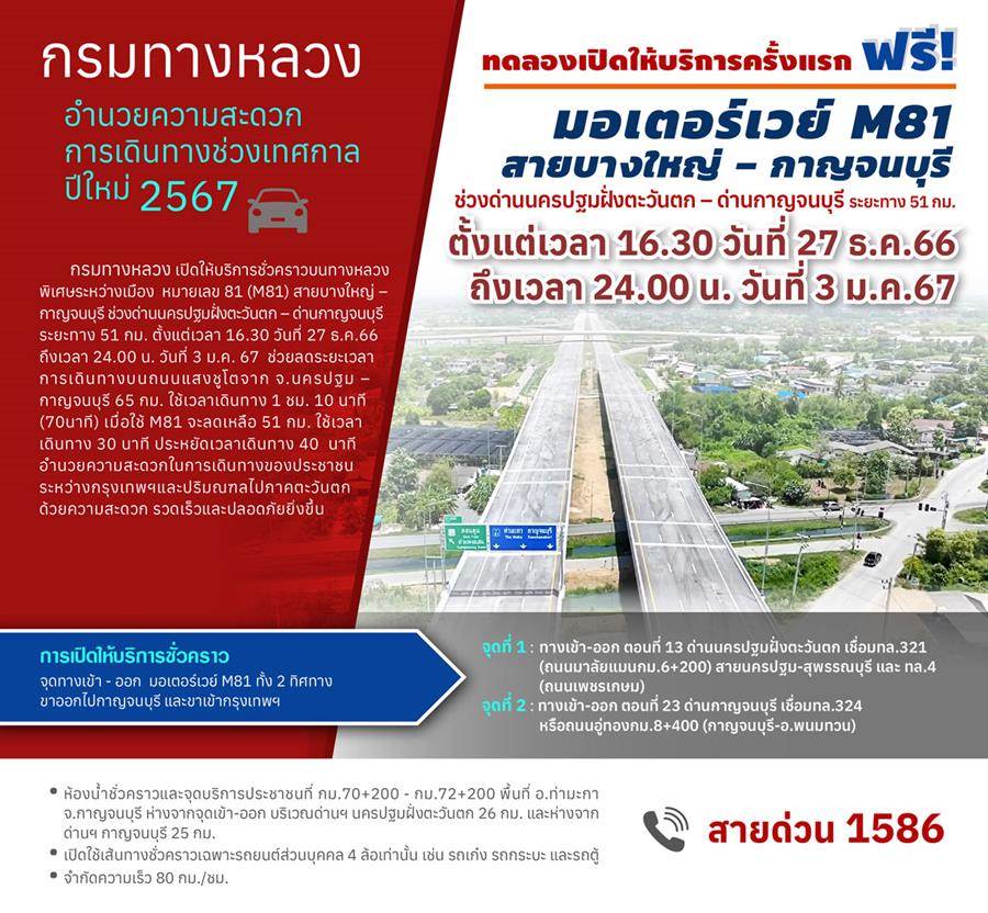 อัปเดต! มอเตอร์เวย์ M81 บางใหญ่-กาญจนบุรี เตรียมเปิดทดลองใช้ฟรีครั้งแรกปลายปีนี้ อัปเดต! มอเตอร์เวย์ M81 บางใหญ่-กาญจนบุรี เตรียมเปิดทดลองใช้ฟรีครั้งแรกปลายปีนี้