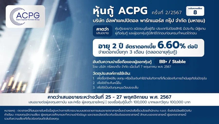 อัลฟาแคปปิตอล พาร์ทเนอร์ส กรุ๊ป เตรียมขายหุ้นกู้แก่ผู้ลงทุนสถาบัน-รายใหญ่ อัลฟาแคปปิตอล พาร์ทเนอร์ส กรุ๊ป เตรียมขายหุ้นกู้แก่ผู้ลงทุนสถาบัน-รายใหญ่