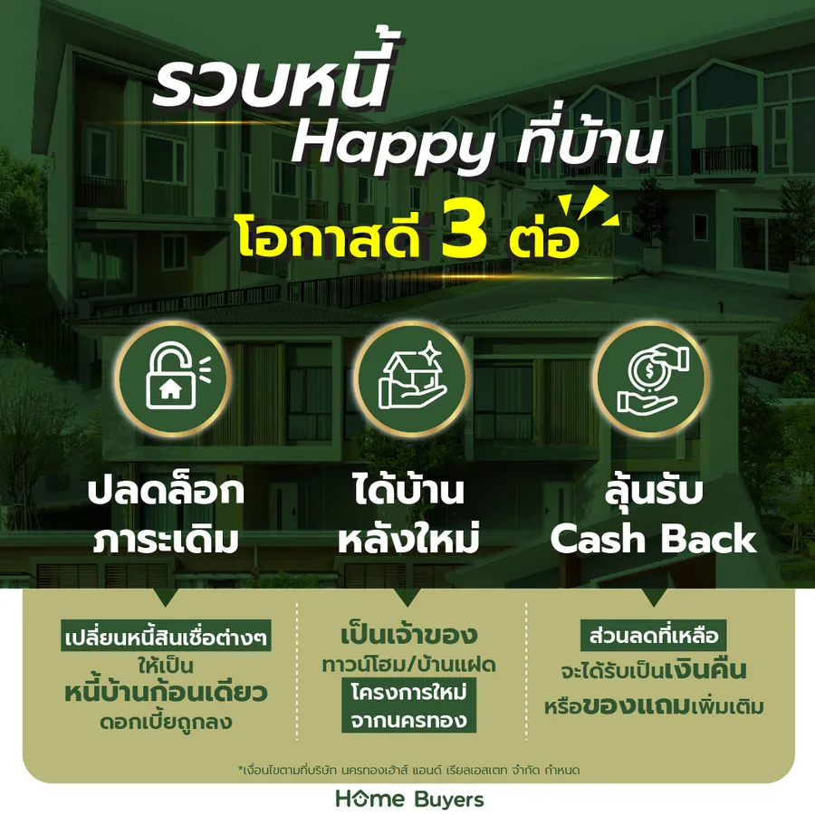 มีบ้านใหม่ ไร้ภาระเดิม รับเพิ่ม Cash Back! รวบหนี้ Happy ที่บ้าน กับ 3 โครงการใหม่จากนครทอง มีบ้านใหม่ ไร้ภาระเดิม รับเพิ่ม Cash Back! รวบหนี้ Happy ที่บ้าน กับ 3 โครงการใหม่จากนครทอง