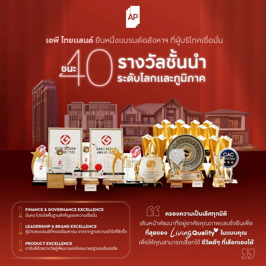 เอพี ไทยแลนด์ ยืนหนึ่งแบรนด์อสังหาฯ ที่ผู้บริโภคเชื่อมั่น ได้รับการยืนยันจาก 40 รางวัลชั้นนำทั้งระดับโลกและภูมิภาค ปิดปี 2568 อย่างเต็มภาคภูมิ พร้อมเดินหน้าพัฒนาที่อยู่อาศัยคุณภาพและยั่งยืน
