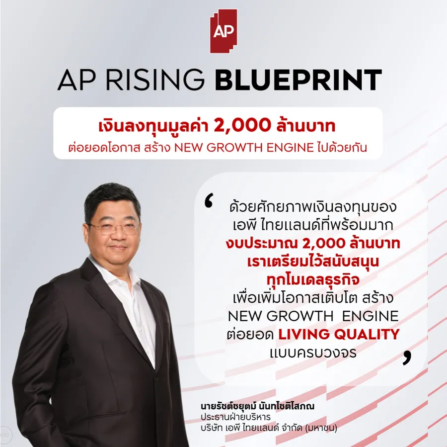 เอพี ไทยแลนด์ ผู้นำอสังหาฯ ไทย เปิดเกมใหญ่ ‘AP RISING BLUEPRINT’ ทุ่ม 2,000 ล้าน เพิ่มโอกาสเติบโต สร้าง NEW GROWTH ENGINE ด้วยพันธมิตรเชิงกลยุทธ์ ต่อยอด LIVING QUALITY แบบครบวงจร