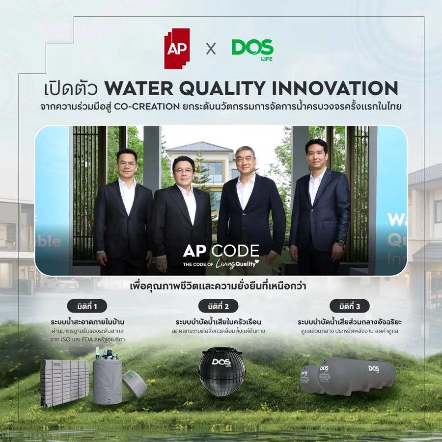 เอพี ไทยแลนด์ จับมือ DOS Life เปิดตัว “Water Quality Innovation” ยกระดับมาตรฐานการจัดการน้ำครบวงจรครั้งแรกในไทย มุ่งสร้าง Living Quality คุณภาพชีวิตที่มาพร้อมความยั่งยืน