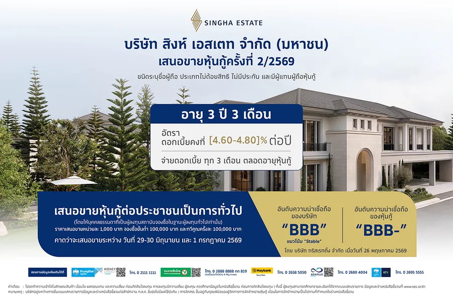 สิงห์ เอสเตท (S) เตรียมออกหุ้นกู้ชุดใหม่ อายุ 3 ปี 3 เดือน ดอกเบี้ย 4.60–4.80% ต่อปี ชูฐานรายได้ประจำและกระแสเงินสดจากการดำเนินงานที่แข็งแกร่ง สิงห์ เอสเตท (S) เตรียมออกหุ้นกู้ชุดใหม่ อายุ 3 ปี 3 เดือน ดอกเบี้ย 4.60–4.80% ต่อปี ชูฐานรายได้ประจำและกระแสเงินสดจากการดำเนินงานที่แข็งแกร่ง