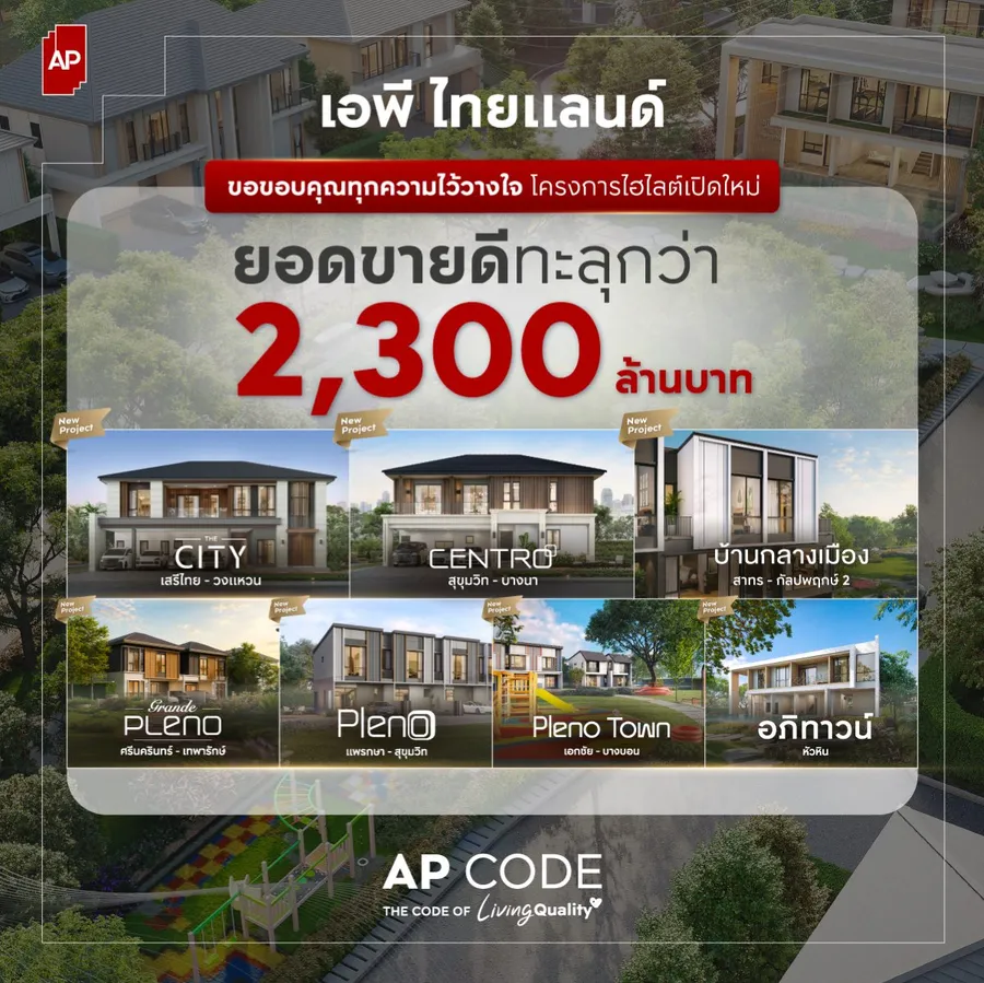 เอพี ไทยแลนด์ ส่งสัญญาณบวกอสังหาฯ แนวราบ  กวาดยอดขาย 7 โครงการใหม่ ทะลุ 2,300 ล้านบาท  ย้ำผู้นำ “LIVING QUALITY” ปักธงส่งมอบ “ชีวิตดีๆ ที่เลือกเองได้”