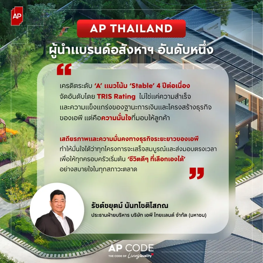 เอพี ไทยแลนด์ ผู้นำแบรนด์อสังหาฯ อันดับหนึ่ง ทริสเรทติ้งคงอันดับเครดิตที่ “A” แนวโน้ม “Stable” ต่อเนื่องปีที่ 4 ตอกย้ำศักยภาพและวินัยการเงินแข็งแกร่ง เอพี ไทยแลนด์ ผู้นำแบรนด์อสังหาฯ อันดับหนึ่ง ทริสเรทติ้งคงอันดับเครดิตที่ “A” แนวโน้ม “Stable” ต่อเนื่องปีที่ 4 ตอกย้ำศักยภาพและวินัยการเงินแข็งแกร่ง