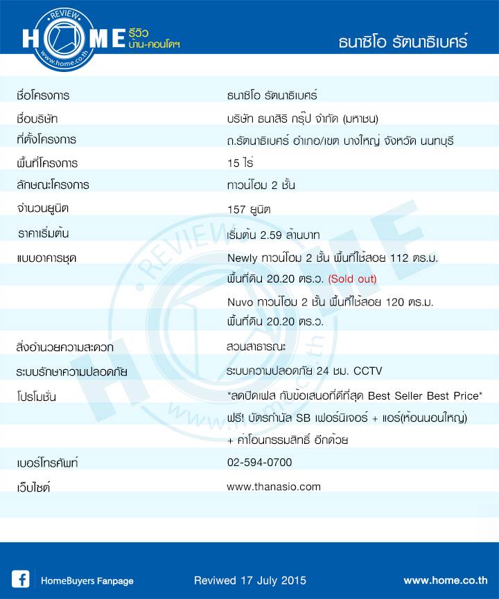 รีวิวบ้านใหม่ โครงการธนาซิโอ รัตนาธิเบศร์