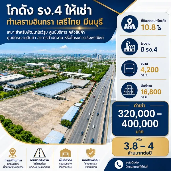 260915bjpnoeris ให้เช่า ที่ดิน ถนนรามอินทรา เสรีไทย ตลาดมีนบุรี 2.2 กม. ที่ดินเทคอนกรีตแล้ว โกดัง 10.8ไร่ โรงงาน มี รง.4