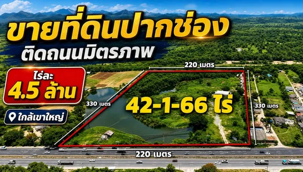 ขายที่ดินปากช่อง 43 ไร่ (แบ่งขาย 21 ไร่ได้) ราคาถูกมาก ติดถนนมิตรภาพ 220 เมตร กลางดง ปากช่อง นครราชสีมา
