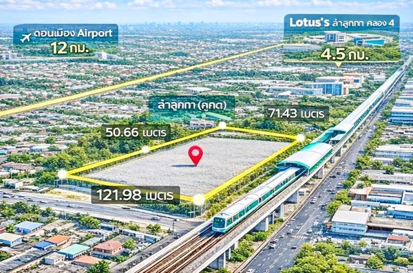 ใกล้คลองสอง ให้เช่าลำลูกกา21-27 รถไฟฟ้า BTSคูคต 500ม.ที่ดินถมแล้ว เหมาะลงทุน โกดัง โลจิสติกส์ ขนาด 5 ไร่