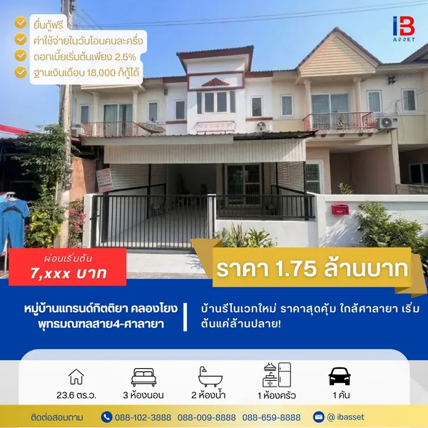 ขายบ้านทาวน์โฮม 2 ชั้น หมู่บ้านแกรนกิตติยา คลองโยง