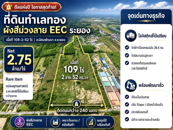 ขายที่ดินอุตสาหกรรม 109 ไร่ ผังสีม่วง EEC ระยอง หน้ากว้าง 240 เมตร