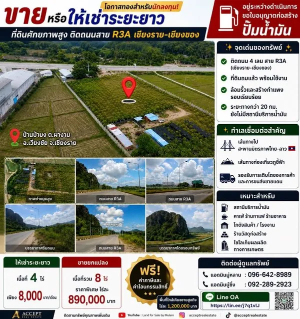 ขาย-ให้เช่าระยะยาว ที่ดินศักยภาพสูง ทำเลติดถนนสาย R3A เชียงราย–เชียงของ