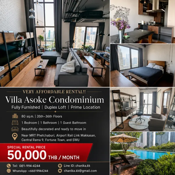 Very affordable rental!! Villa Asoke Condominium, Fully furnished close to the BTS/MRT, Central, and SWU.