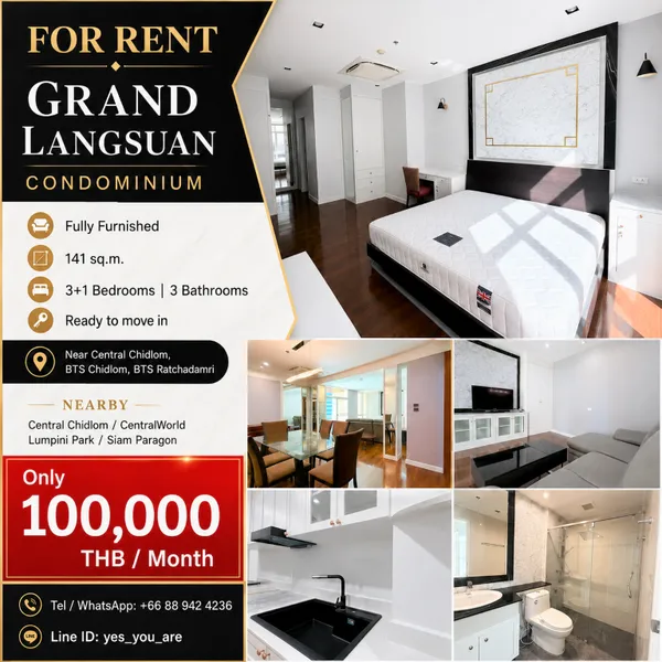 For Rent - Grand Langsuan Condominium Fully Furnished near Central Chidlom, BTS Chidlom, BTS Ratchadamri.