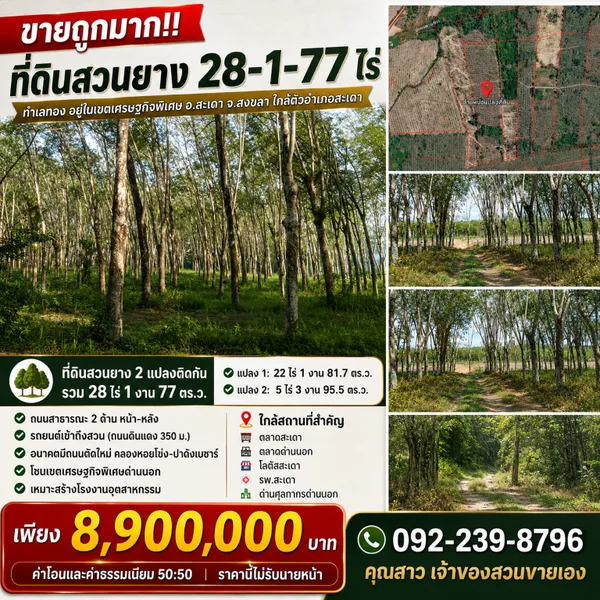 ขายถูกมาก!! ที่ดินสวนยาง 28-1-77 ไร่ ทำเลทองอยู่ในเขตเศรษฐกิจพิเศษ อ.สะเดา จ.สงขลา ใกล้ตัวอำเภอสะเดา