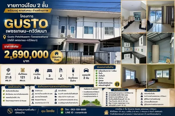 ขาย ทาวน์โฮม 2 ชั้น โครงการ Gusto เพชรเกษม–ทวีวัฒนา พร้อมอยู่ ตกแต่งครบ โครงการ Gusto Petchkasem–Taweewattana กัสโต้ เพช