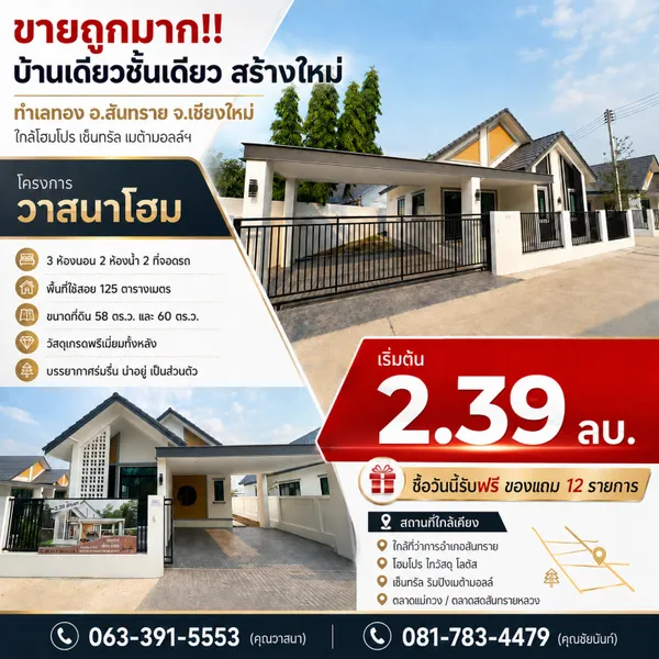 ขายถูกมาก!! บ้านเดี่ยวชั้นเดียว สร้างใหม่ ทำเลทอง อ.สันทราย จ.เชียงใหม่ ใกล้โฮมโปร เซ็นทรัล เมต้ามอลล์ฯ