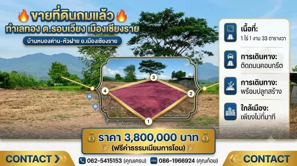 ที่ดินเปล่าถมแล้ว 1 ไร่ 1 งาน 33 ตร.ว. บ้านหนองด่าน-หัวฝาย ต.รอบเวียง อ.เมืองเชียงราย