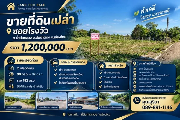 ขายที่ดินเปล่า 182 ตร.ว. ซอยโรงวัว ต.น้ำบ่อหลวง อ.สันป่าตอง จ.เชียงใหม่