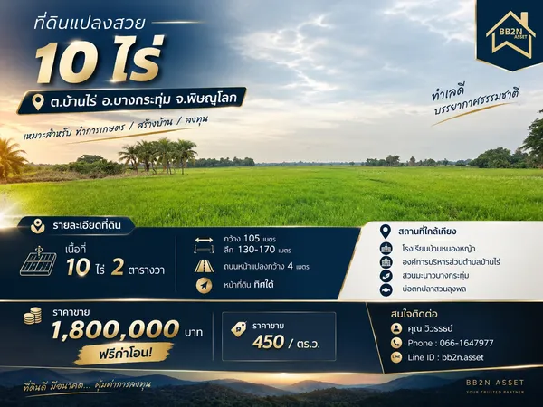 ที่ดิน 10 ไร่ ต.บ้านไร่ อ.บางกระทุ่ม จ.พิษณุโลก 1,800,000 บาท  