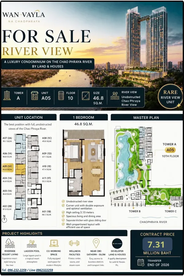 ขายดาวน์ขายทุน !! โครงการ วัน เวลา ณ เจ้าพระยา ตำแหน่ง 10A05, ห้อง 1 bed ขนาด 46.80 ตรม. สัมผัสเจ้าพระยาแบบ Panorama กับโครงการระดับ Luxury
